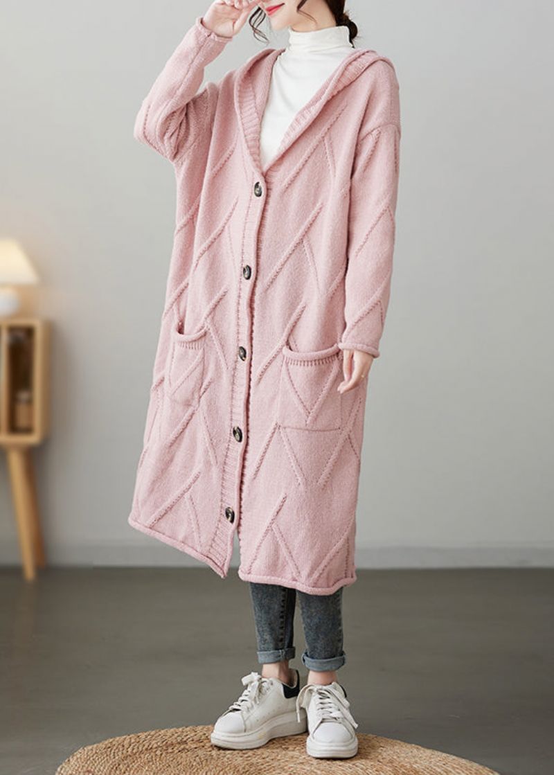 Roze Zakken Knoop Patchwork Los Gebreid Vest Met Capuchon Herfst