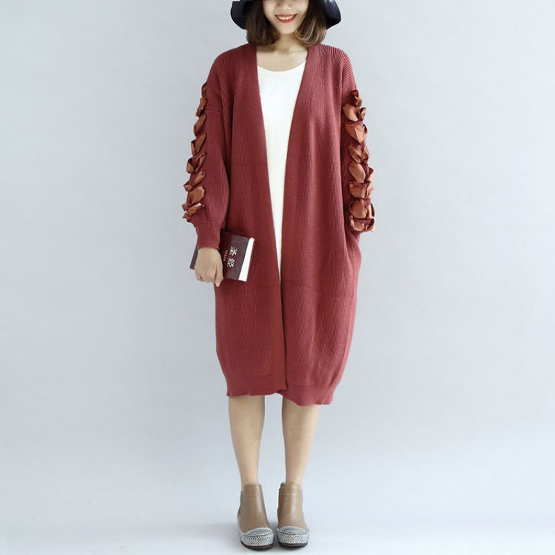 Steenrode Gebreide Vesten Oversized Truijassen Versierde Mouwen - Steenrood