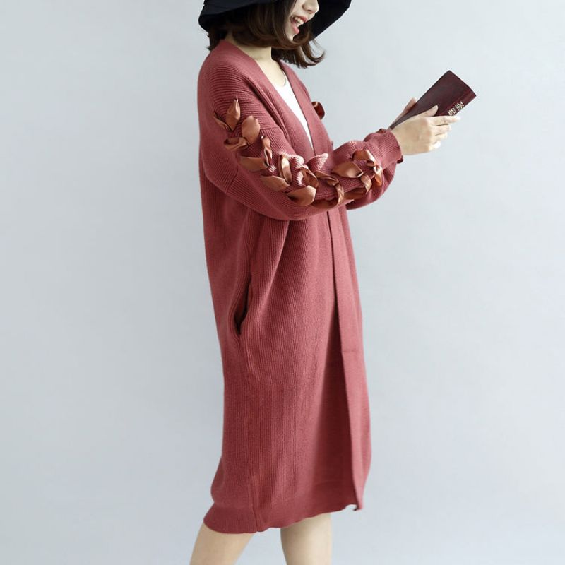 Steenrode Gebreide Vesten Oversized Truijassen Versierde Mouwen - Steenrood