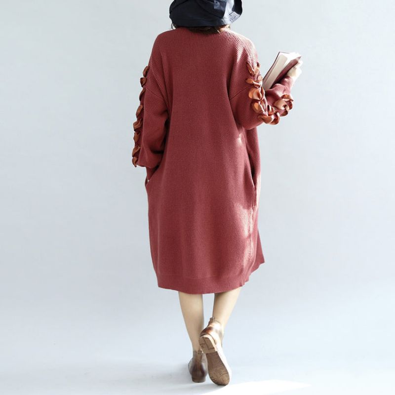 Steenrode Gebreide Vesten Oversized Truijassen Versierde Mouwen - Steenrood