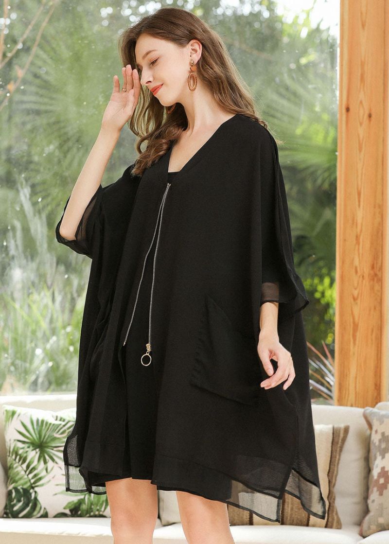 Stijl Zwarte Oversized Zakken Met Ritssluiting Chiffon Jas Vleermuismouw - Dames cardigans