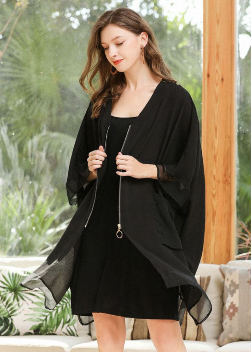 Stijl Zwarte Oversized Zakken Met Ritssluiting Chiffon Jas Vleermuismouw - Dames cardigans