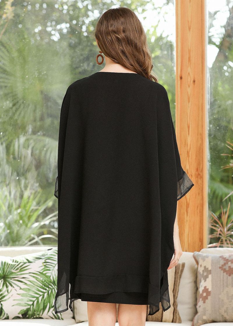 Stijl Zwarte Oversized Zakken Met Ritssluiting Chiffon Jas Vleermuismouw - Dames cardigans