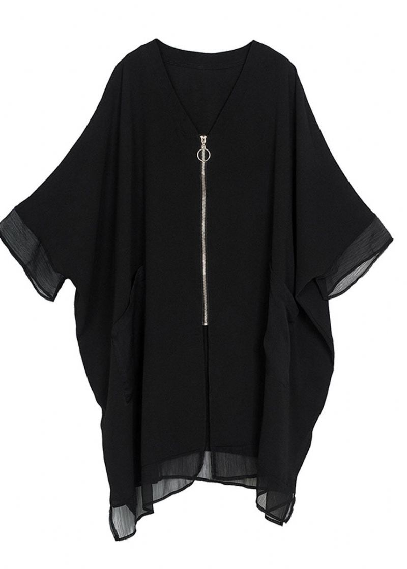 Stijl Zwarte Oversized Zakken Met Ritssluiting Chiffon Jas Vleermuismouw - Dames cardigans