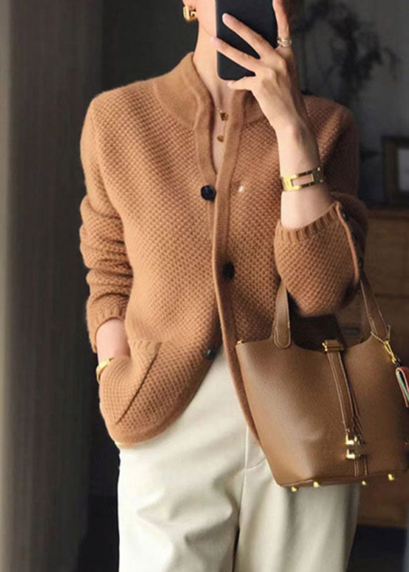 Stijlvolle Beige Opstaande Kraag Slim Fit Kasjmier Vesten Met Knopen Lente - Dames cardigans