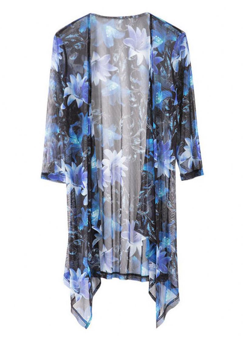 Stijlvolle Blauwe Zijden Zonneschermvesten Met V-halsprint Losse Zomer - Dames cardigans