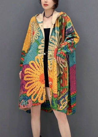 Vintage Colorblock Capuchonprint Gebreide Losse Jassen Herfst