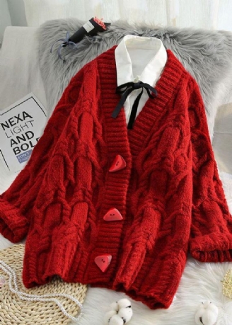 Vintage Rode Gebreide Uitloper Casual Lente V-hals Knoopgebreide