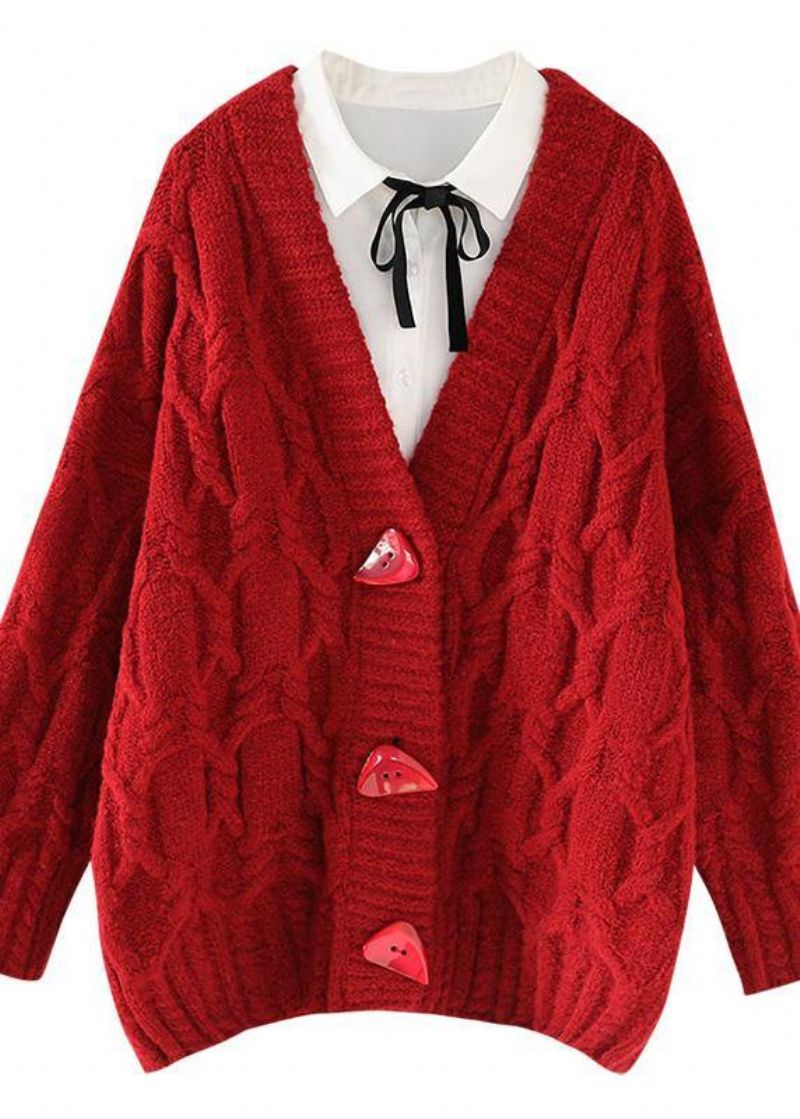 Vintage Rode Gebreide Uitloper Casual Lente V-hals Knoopgebreide - Dames cardigans