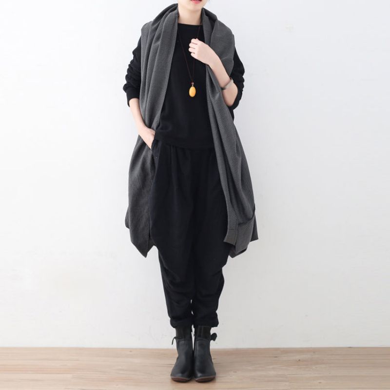 Vintage Zwarte Maxi-jas Oversized Vesten Met Asymmetrische Zoom Jassen Mouwloze Boetiekjassen - Zwart