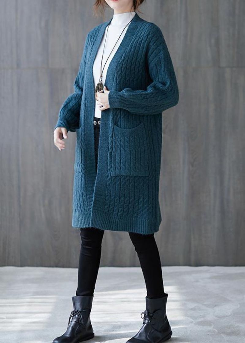 Wintergebreide Sweattops Oversized Blauwe Zakken Wijde Jassen - Blauw