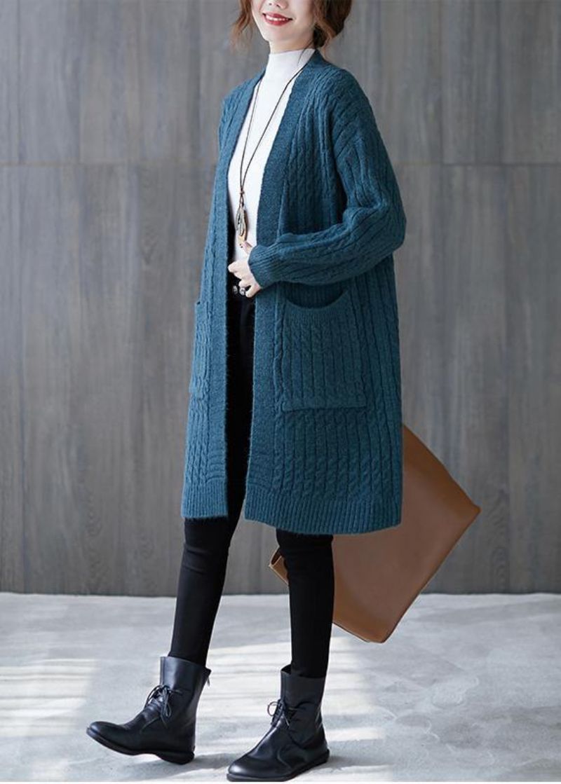 Wintergebreide Sweattops Oversized Blauwe Zakken Wijde Jassen - Blauw