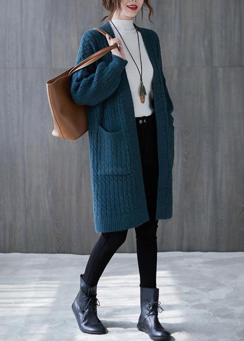 Wintergebreide Sweattops Oversized Blauwe Zakken Wijde Jassen - Blauw