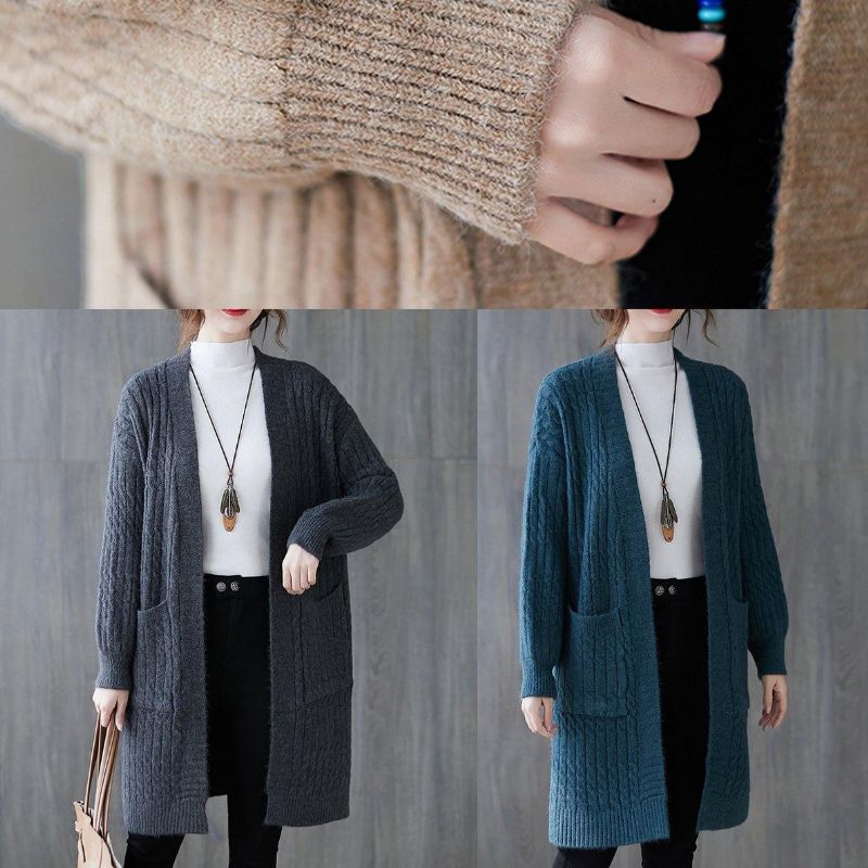 Wintergebreide Sweattops Oversized Blauwe Zakken Wijde Jassen - Blauw