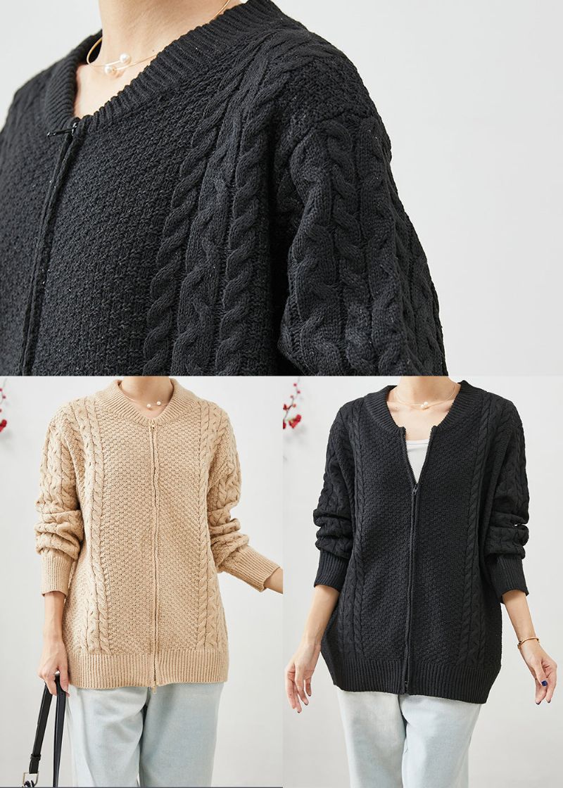 Zwarte Oversized Warme Kabelgebreide Jassen Met Ritssluiting Herfst - Dames cardigans