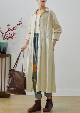 Biologische Beige Peter Pan Kraag Patchwork Linnen Lange Shirts Herfst