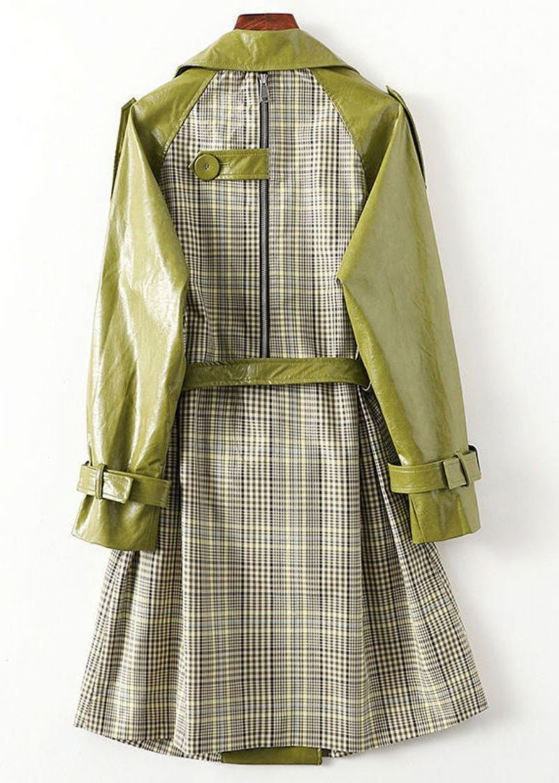 Boheemse Groene Peter Pan Kraag Gestreept Patchwork Stropdas Taille Knoopzakken Lederen Trenchcoats Lange Mouw - Dames trenchcoats