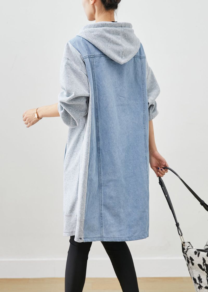 Boho Blauw Denim Met Capuchon En Patchwork Katoenen Trenchcoat Herfst - Dames trenchcoats