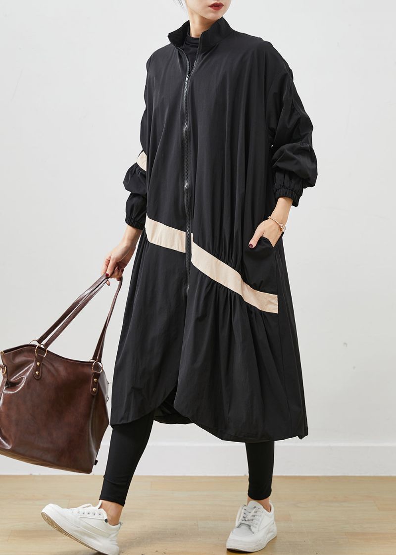 Boho Zwarte Oversized Patchwork Trenchcoats Lente - Dames trenchcoats