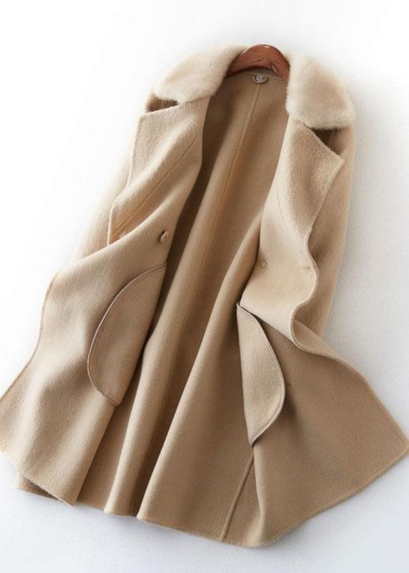Boutique Beige Wollen Jassen Oversized Middellange Bontkraagjas Dubbele Borst - Dames trenchcoats