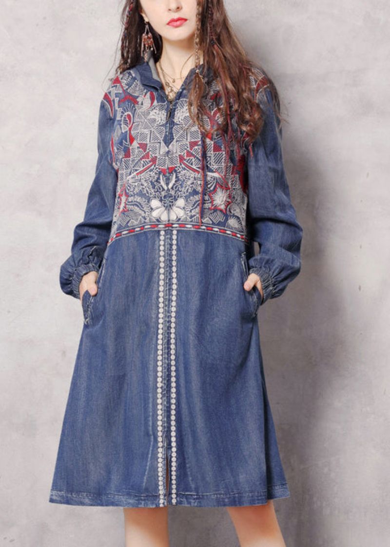 Boutique Blauwe Ritssluiting Met Capuchon Geborduurde Zakken Denim Trenchcoats Lente