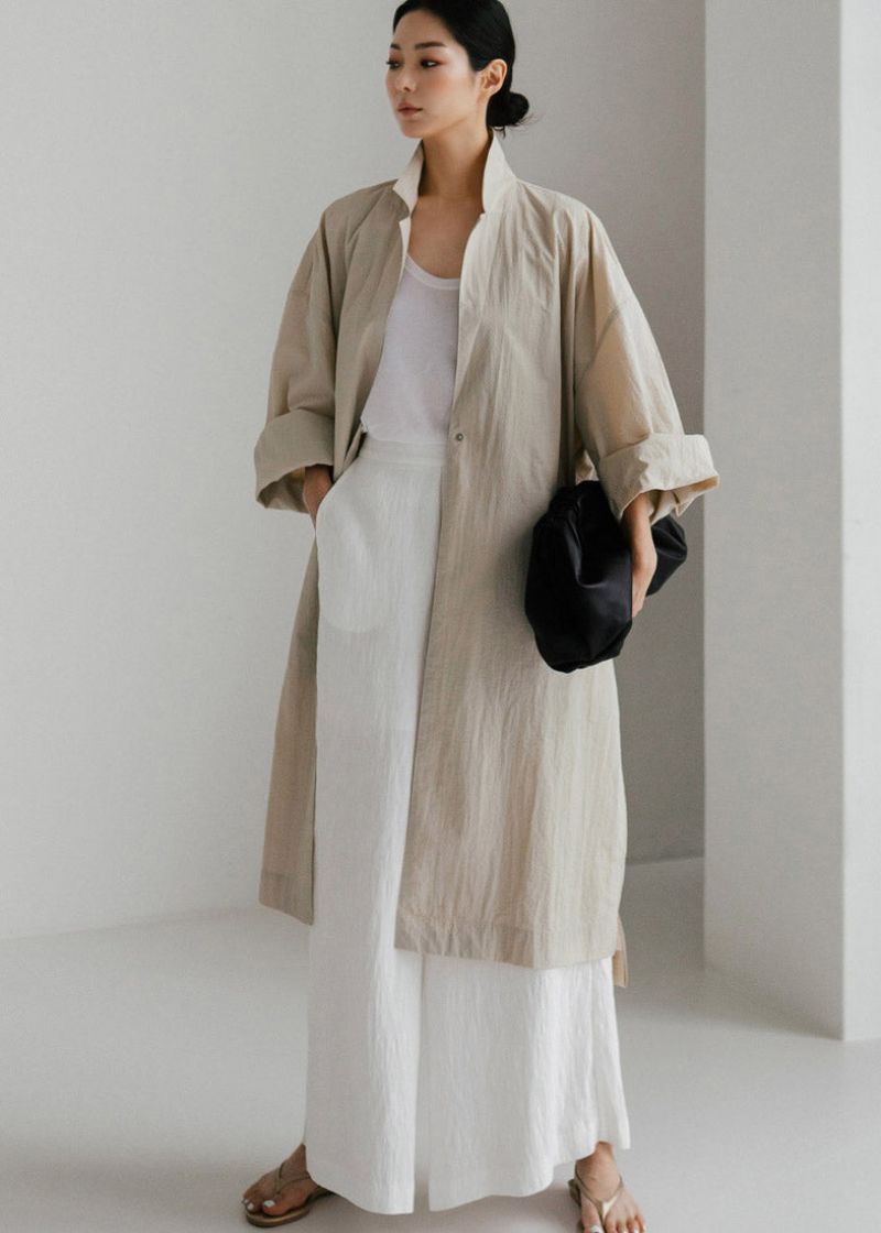 Casual Beige Peter Pan-kraag Knoop Gerimpelde Zijkant Open Trenchcoats Met Lange Mouwen