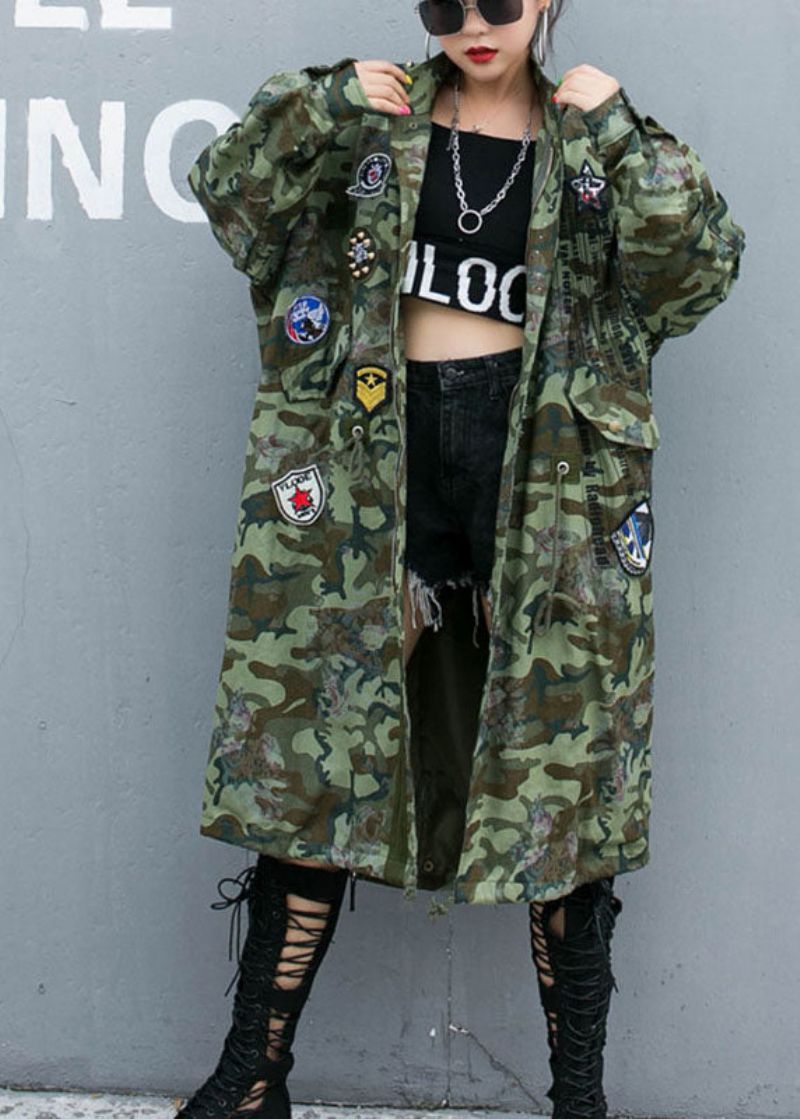 Casual Camouflage Klinknagelprint Zakken Herfst Denim Trenchcoats Met Lange Mouwen - Zwart