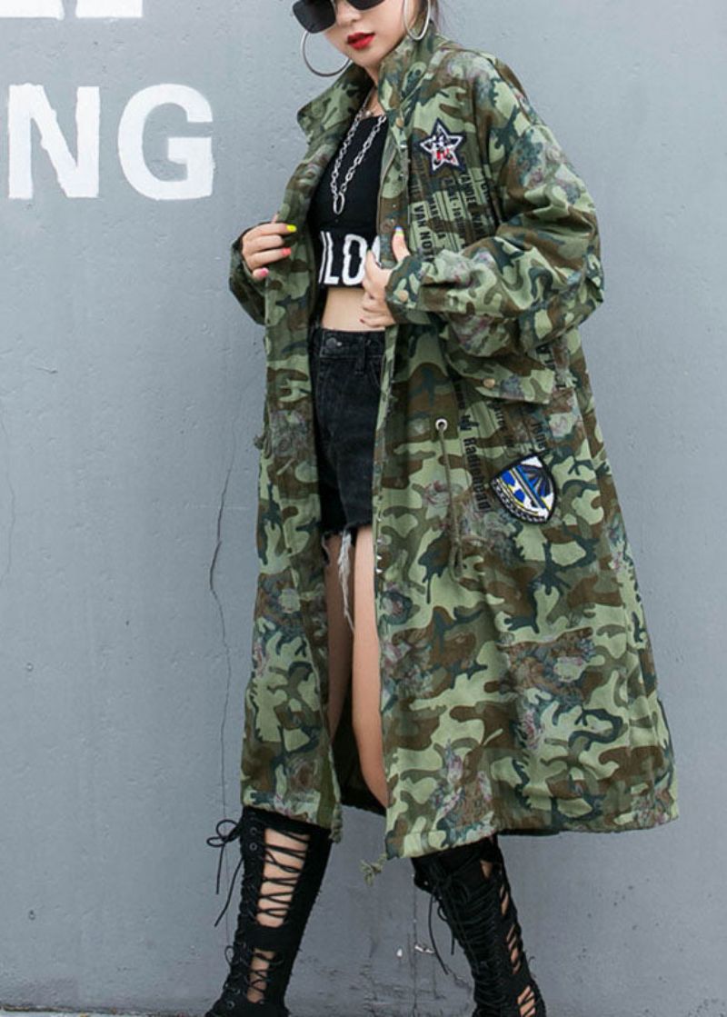 Casual Camouflage Klinknagelprint Zakken Herfst Denim Trenchcoats Met Lange Mouwen - Zwart