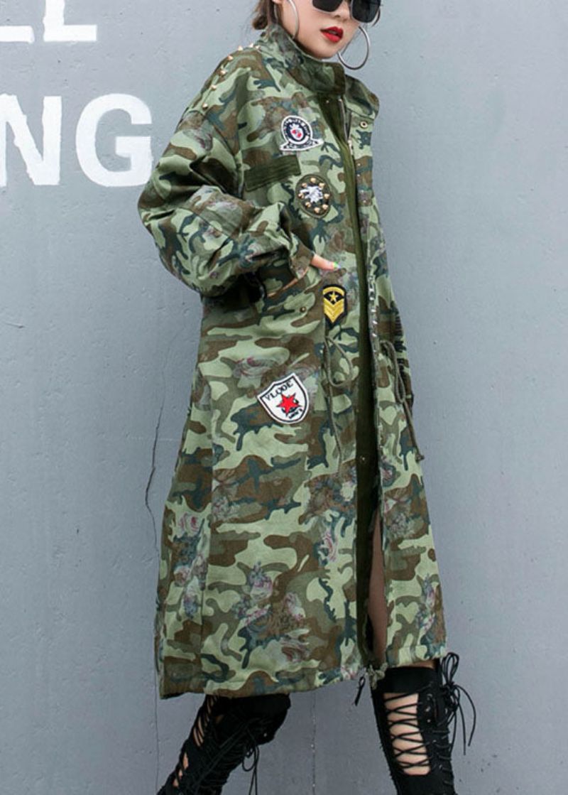Casual Camouflage Klinknagelprint Zakken Herfst Denim Trenchcoats Met Lange Mouwen - Zwart