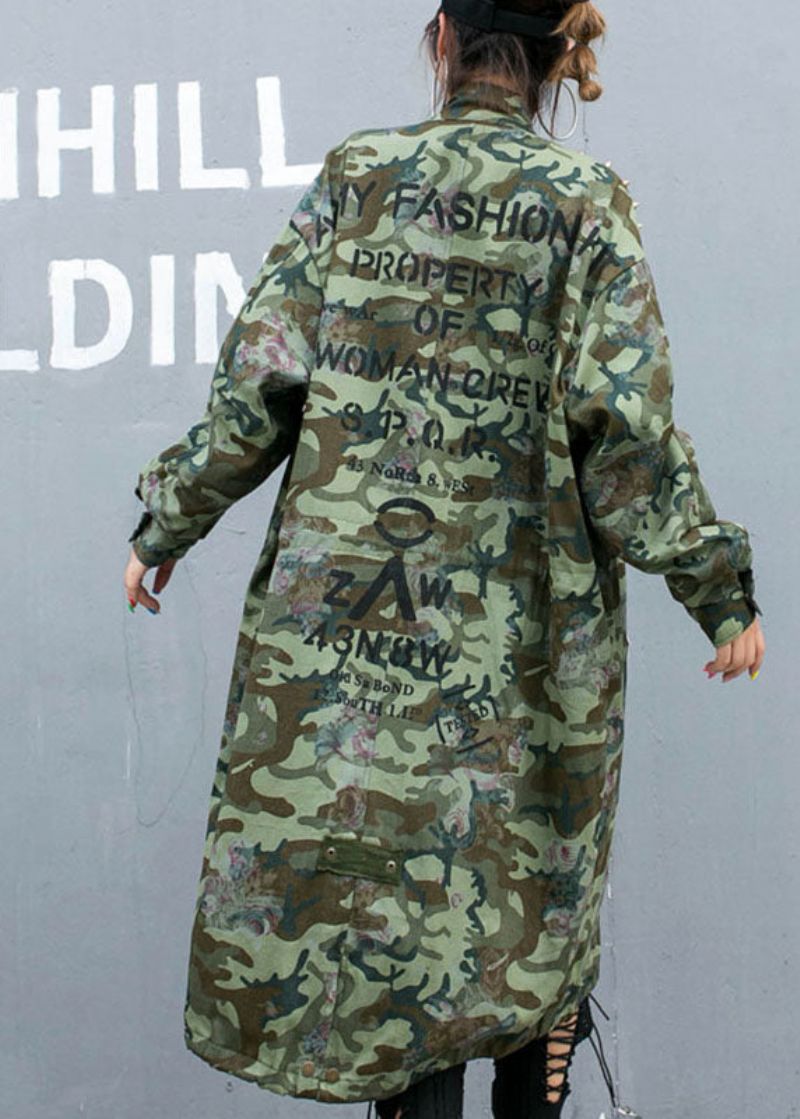 Casual Camouflage Klinknagelprint Zakken Herfst Denim Trenchcoats Met Lange Mouwen - Zwart