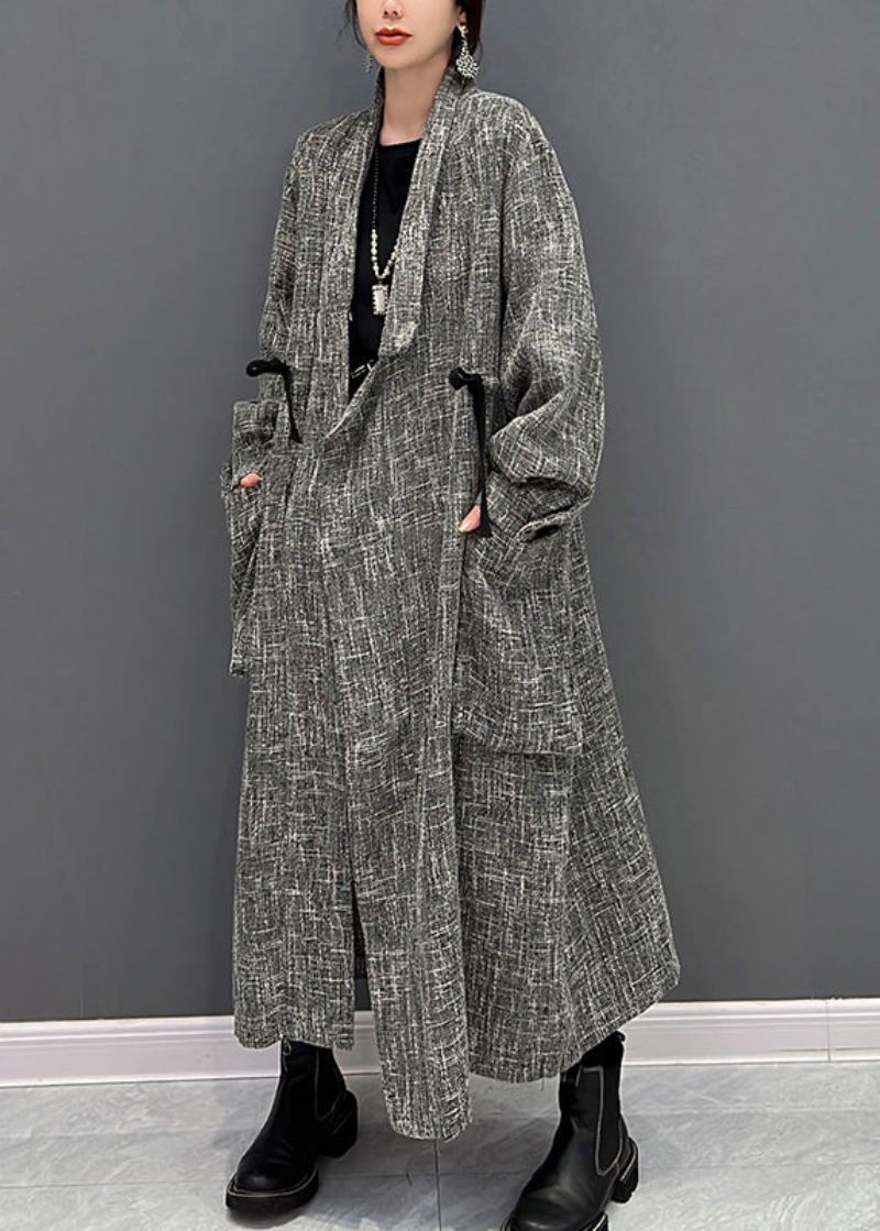 Chique Grijze Trenchcoats Met Ingekerfde Geruite Knopen Herfst - Dames trenchcoats