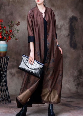 Chocoladeprint Zijden Trench Outwear Stand Kraag Zakken Lange Mouw