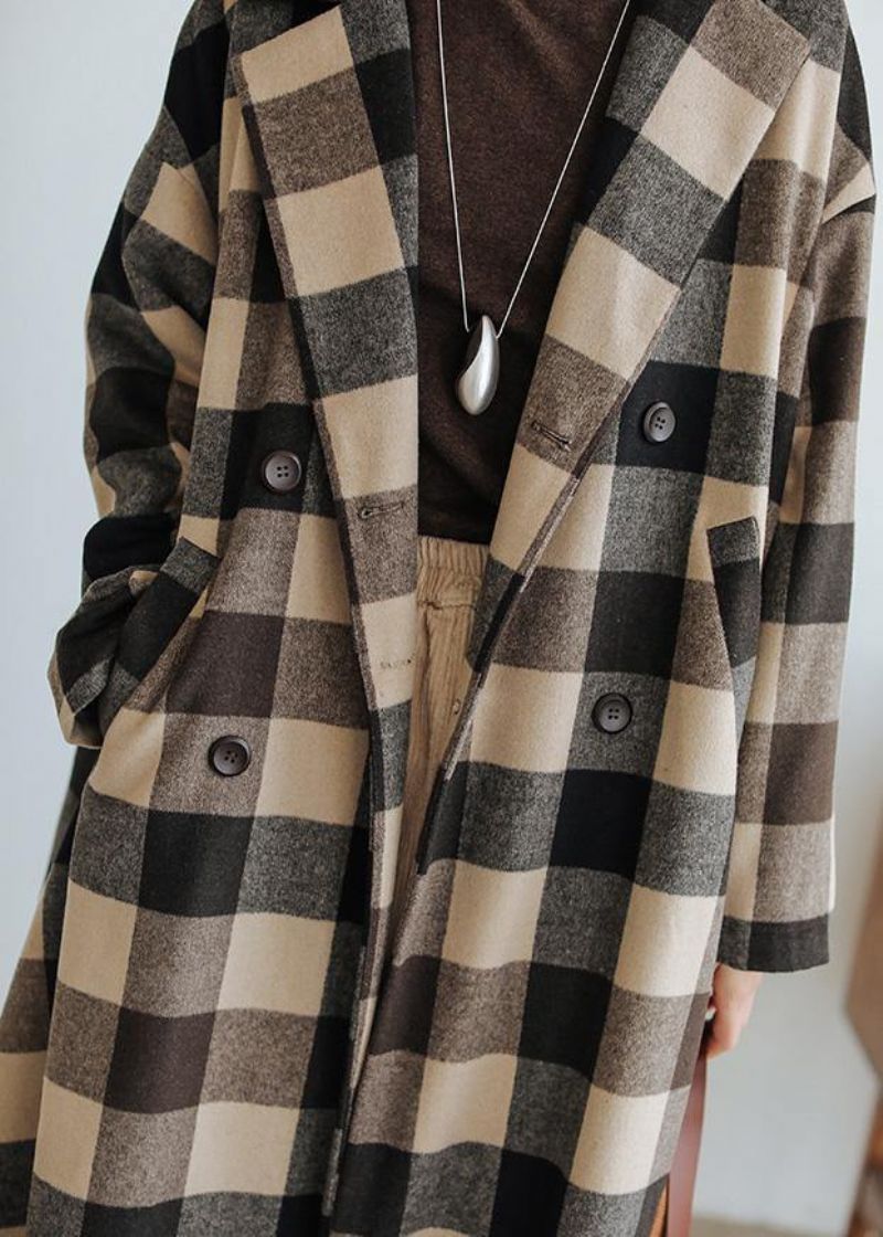 Dames Losvallende Middellange Jas Geruite Zakken Wollen Jassen Met Inkerving - Dames trenchcoats