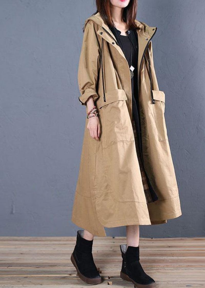 Dames Oversized Lange Winterjas Herfst Kaki Laag Hoog Design Jassen Met Capuchon - Dames trenchcoats