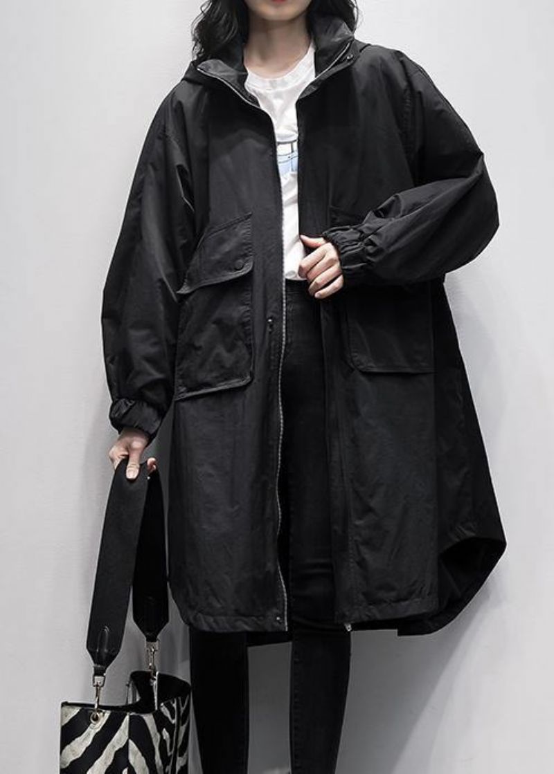 Dames Trenchcoat Met Capuchon Ruches Zakken Zwarte Oversized Uitloper