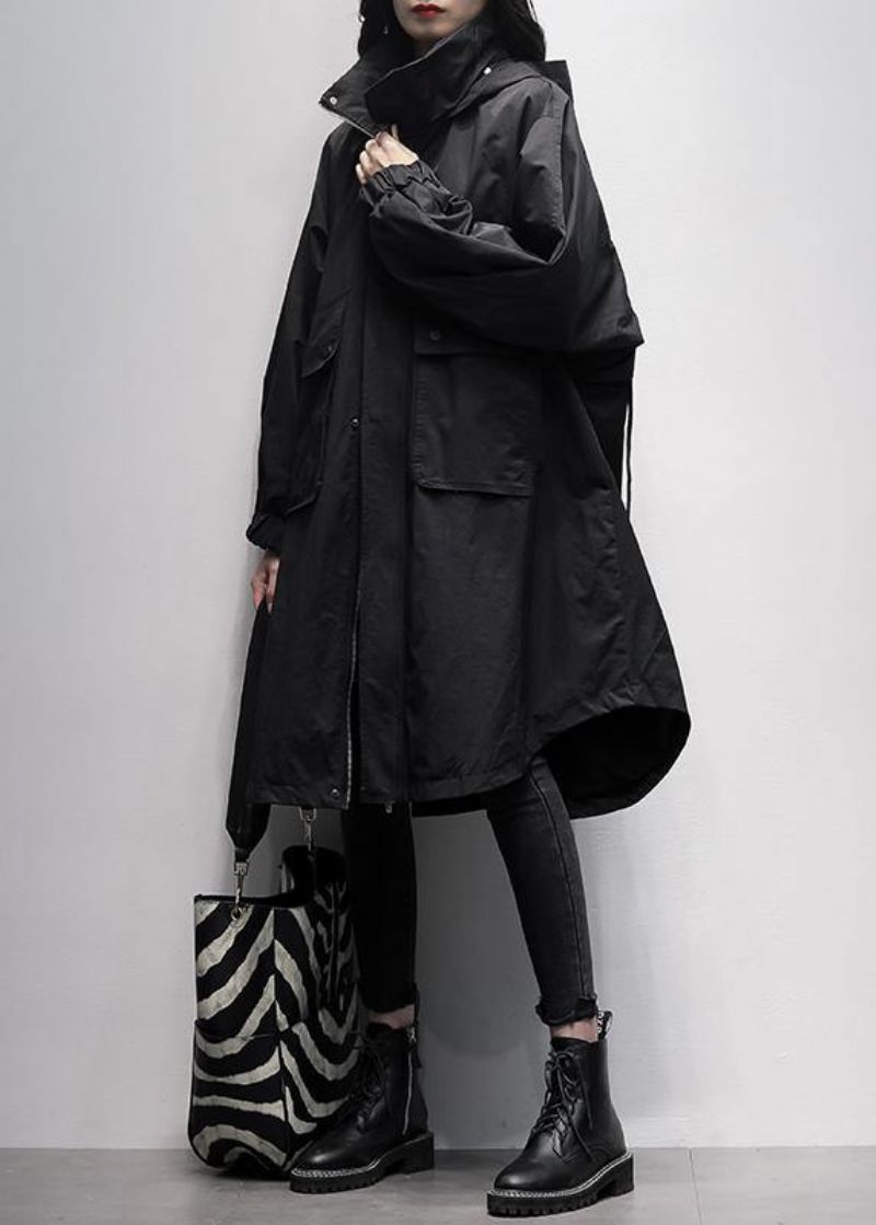 Dames Trenchcoat Met Capuchon Ruches Zakken Zwarte Oversized Uitloper - Dames trenchcoats