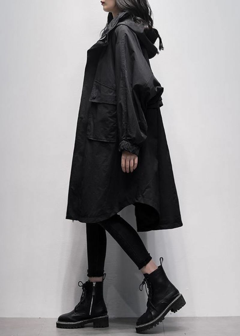 Dames Trenchcoat Met Capuchon Ruches Zakken Zwarte Oversized Uitloper - Dames trenchcoats