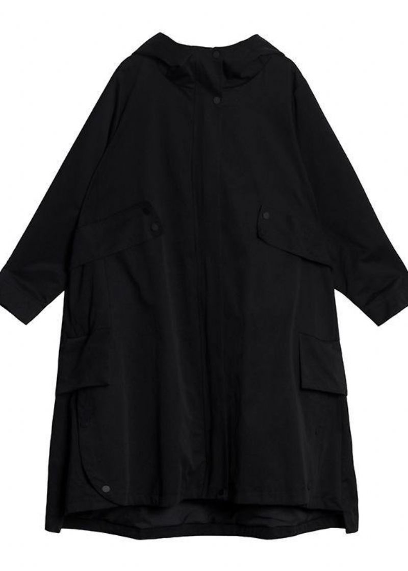 Dames Zwart Fijne Kleding Fotografie Herfstjassen Met Capuchon En Ritssluiting - Dames trenchcoats