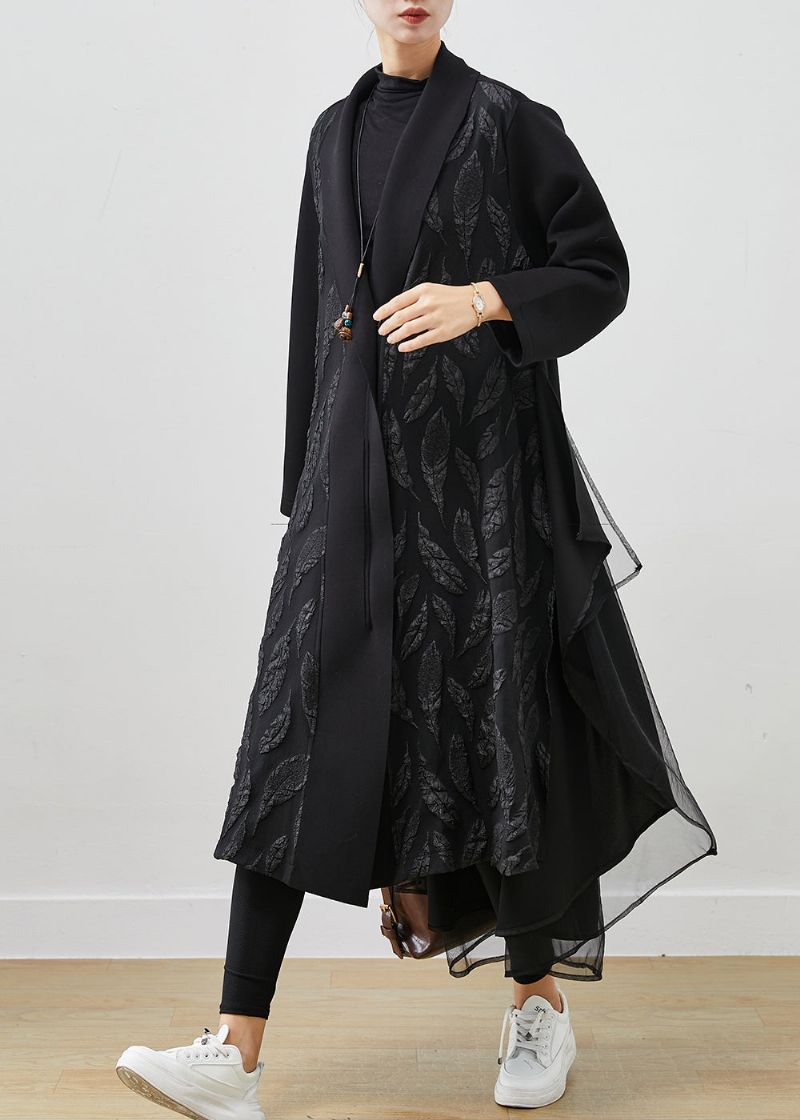 Dames Zwarte Oversized Patchwork Jacquard Katoenen Trenchcoats Lente - Dames trenchcoats
