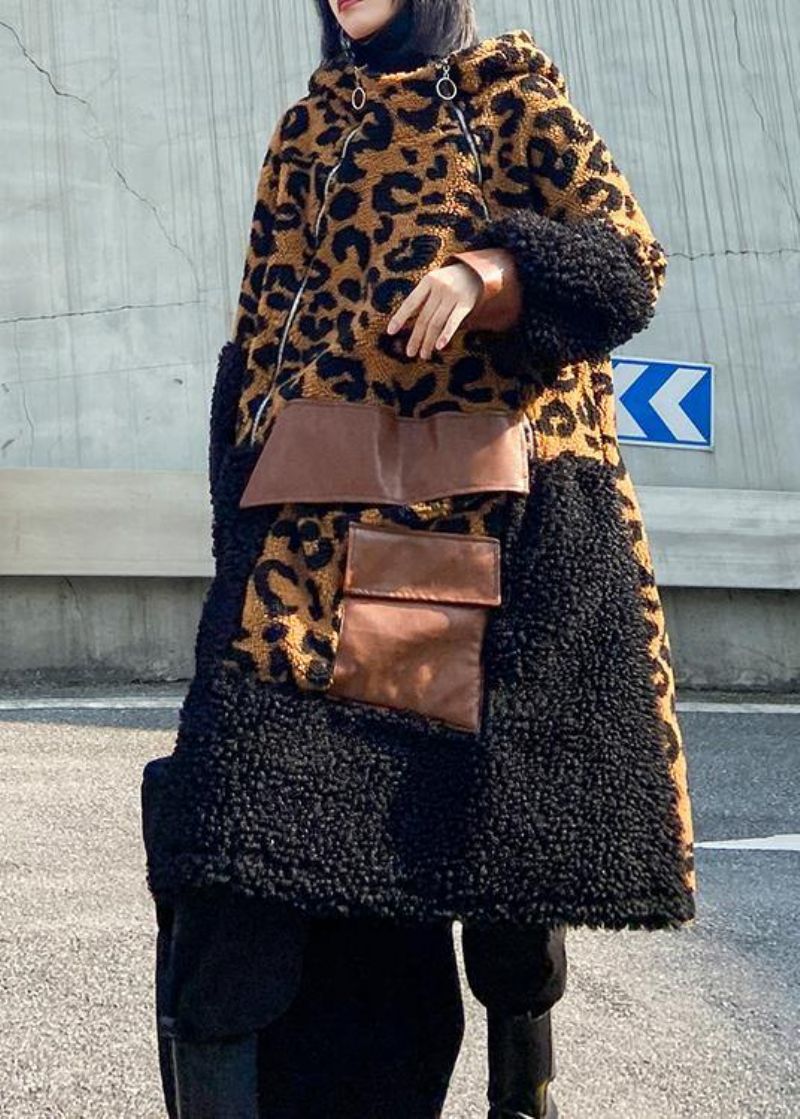 Elegante Chocoladekleurige Luipaardwollen Jas Dames Winterjas Met Capuchon En Ritssluiting - Dames trenchcoats