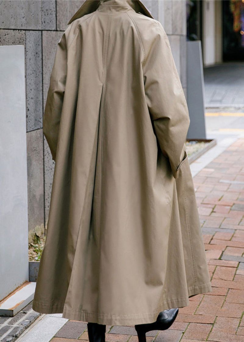 Elegante Kaki Peter Pan-kraag Met Strikband In De Taille Knoopzakken Katoenen Trenchcoats Met Lange Mouwen - Dames trenchcoats