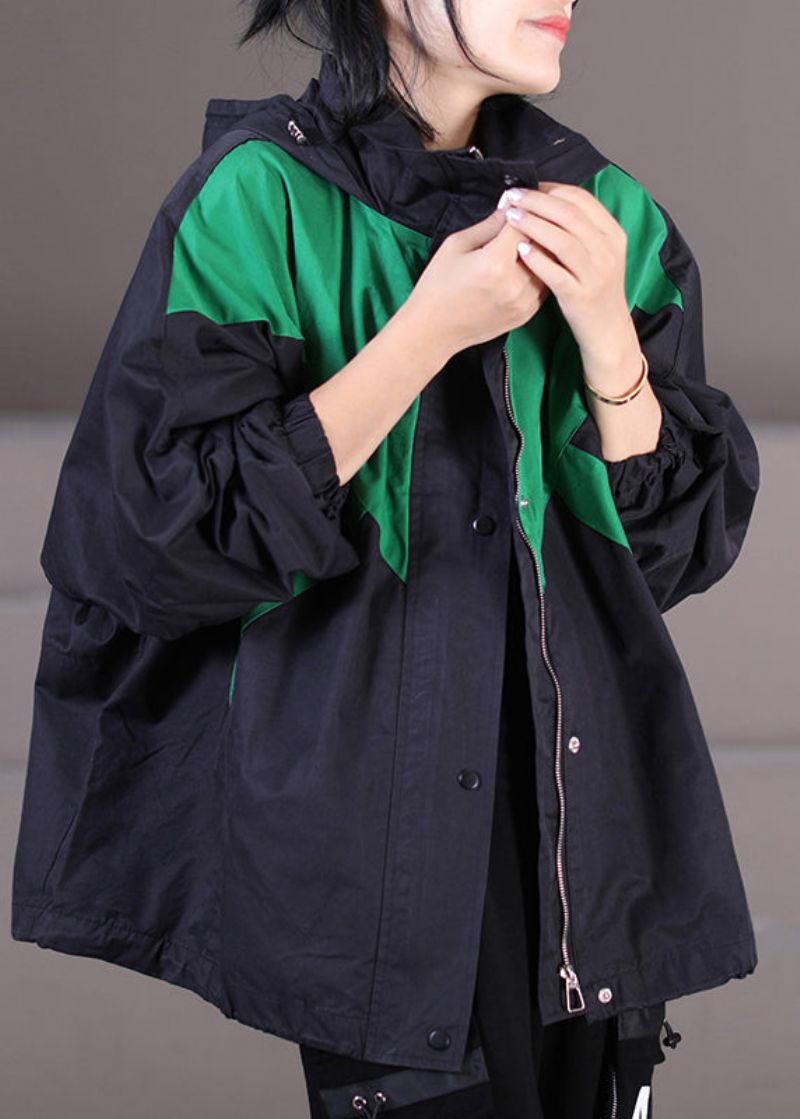 Elegante Zwarte Trenchcoats Met Trekkoord En Patchwork Met Ritssluiting En Knopen En Capuchon Herfst