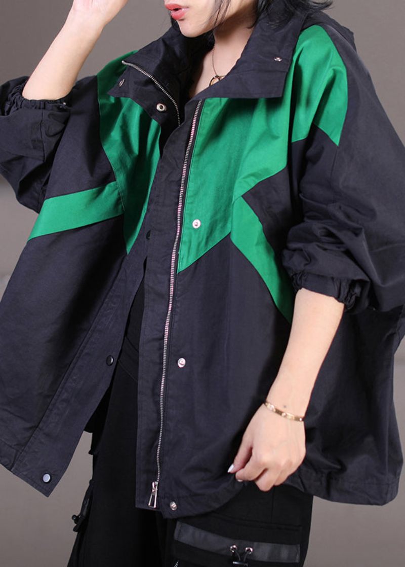 Elegante Zwarte Trenchcoats Met Trekkoord En Patchwork Met Ritssluiting En Knopen En Capuchon Herfst - Dames trenchcoats