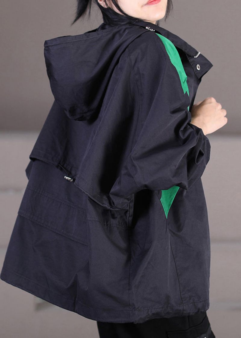 Elegante Zwarte Trenchcoats Met Trekkoord En Patchwork Met Ritssluiting En Knopen En Capuchon Herfst - Dames trenchcoats