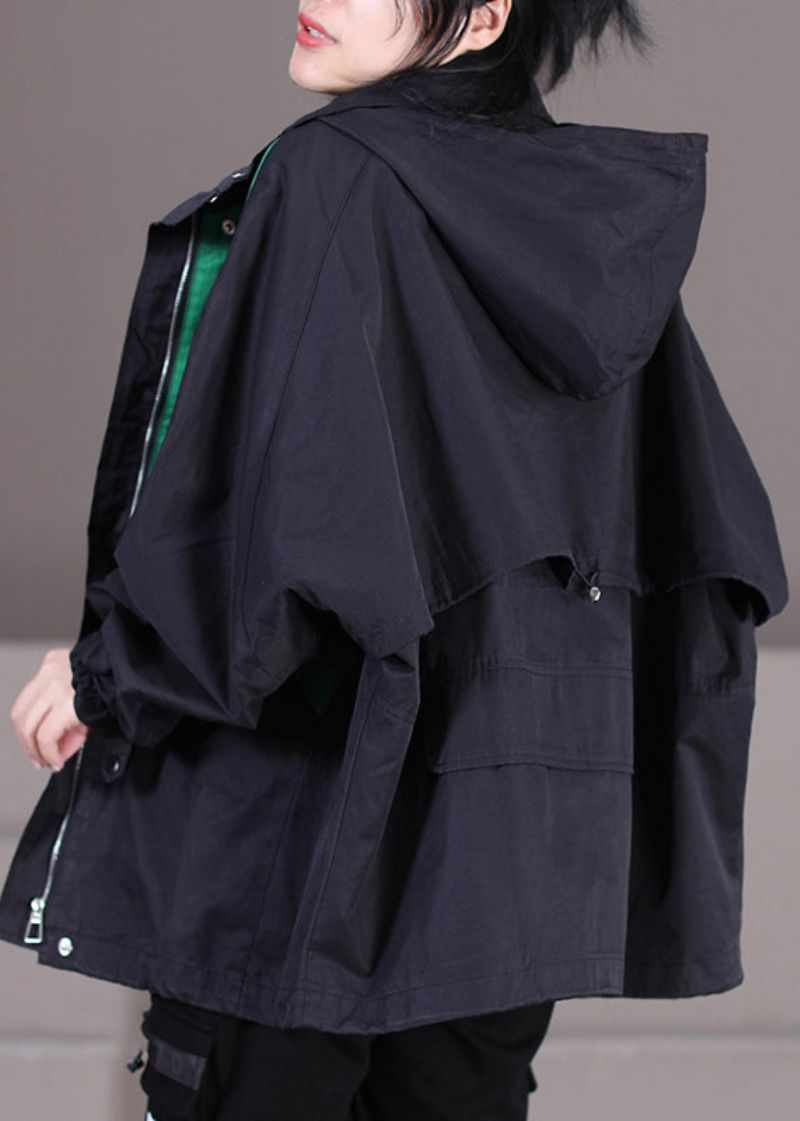 Elegante Zwarte Trenchcoats Met Trekkoord En Patchwork Met Ritssluiting En Knopen En Capuchon Herfst - Dames trenchcoats