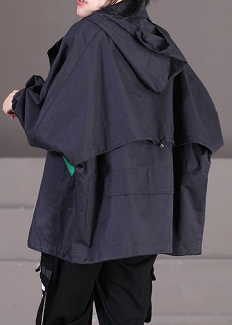 Elegante Zwarte Trenchcoats Met Trekkoord En Patchwork Met Ritssluiting En Knopen En Capuchon Herfst - Dames trenchcoats