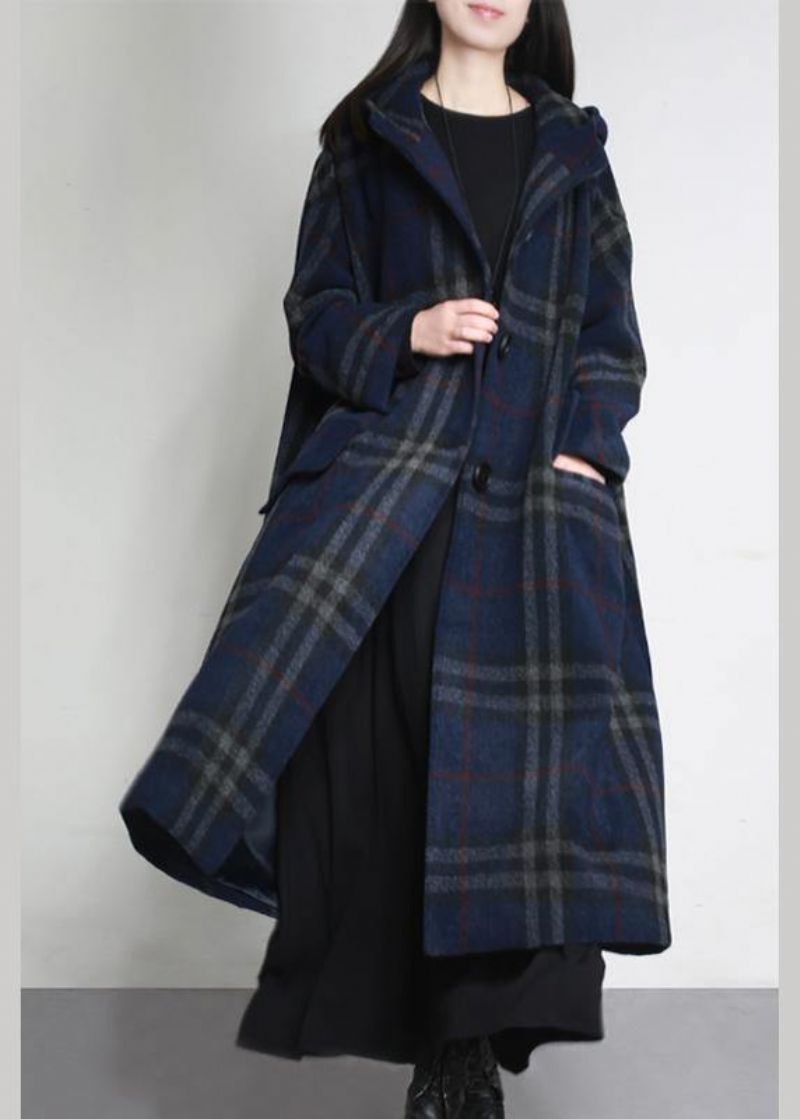 Fijne Blauwe Geruite Wollen Overjas Oversized Zakken Met Capuchon Winterjas Damesjassen - Dames trenchcoats