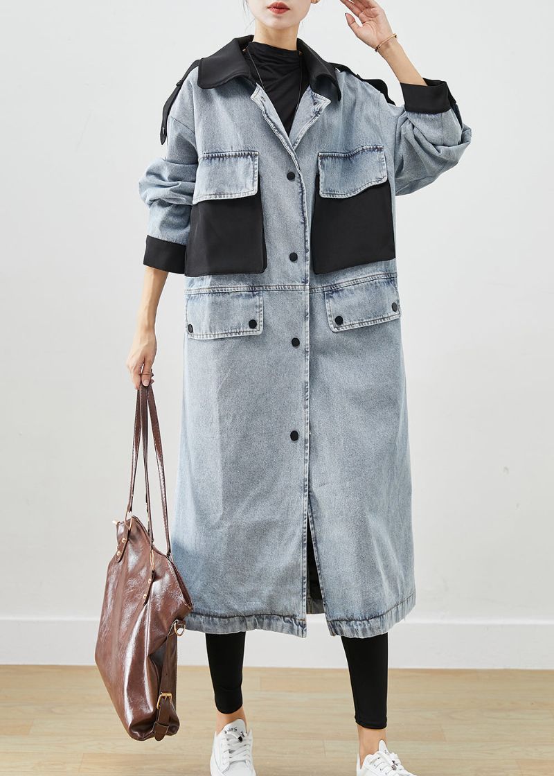 Franse Lichtblauwe Peter Pan Kraag Patchwork Zakken Denim Jassen Herfst - Dames trenchcoats