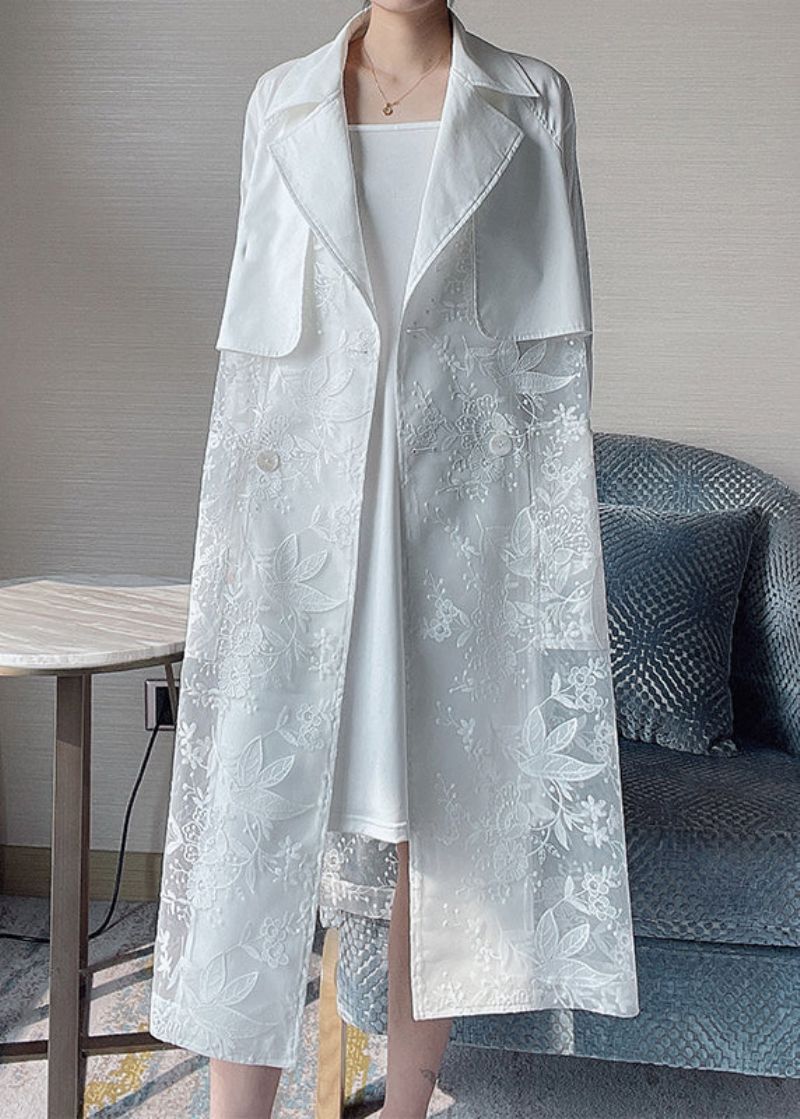 Franse Witte Peter Pan Kraag Zakken Patchwork Kant Trench Herfst - Dames trenchcoats
