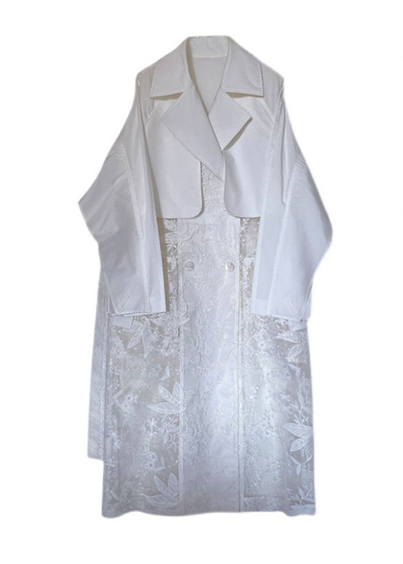 Franse Witte Peter Pan Kraag Zakken Patchwork Kant Trench Herfst - Dames trenchcoats
